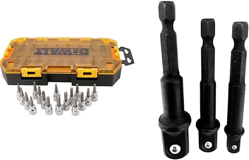 DEWALT Juego de dados de broca, unidad de 3/8 pulgadas, SAE/métrico, 17 piezas (DWMT73806) y adaptador de enchufe de 3 piezas listo para