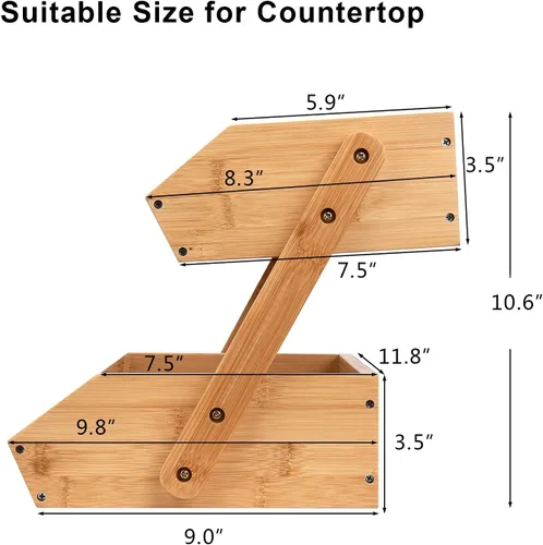 Miniatura 3 de Cesta de frutas de 2 niveles para cocina, soporte de bambú para almacenamiento de frutas y verduras para encimera de cocina, cesta de productos