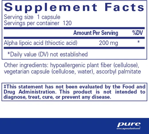 Miniatura 2 de Pure Encapsulations Ácido alfa lipoico 200 mg Suplemento ALA para apoyo hepático, antioxidantes, salud nerviosa y cardiovascular, radicales libres