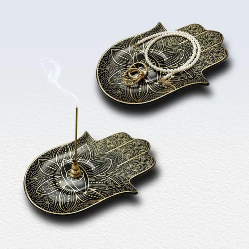 Miniatura 4 de Soporte de incienso de mano Hamsa de cerámica – Soporte de incienso de latón 2 en 1 para palos y bobinas de incienso – Decoración Zen con diseño