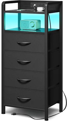 Miniatura 16 de Lazzanto Mesita de noche para dormitorio, mesita de noche con estación de carga y tira de luz LED, mesita de noche con estante de almacenamiento y 2