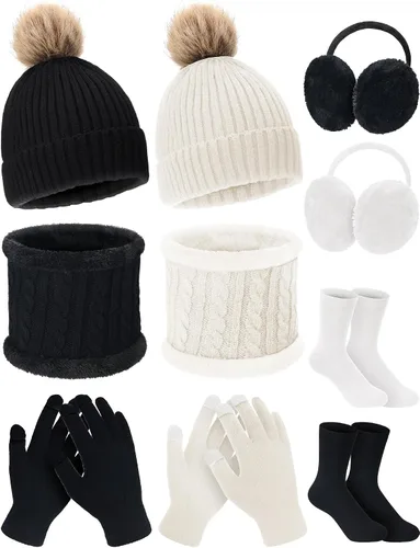 10 piezas de gorro de invierno bufanda guantes de punto cálido bufanda guantes pantalla táctil orejeras calcetines satén forro interior sombrero