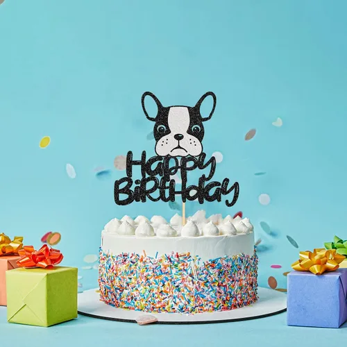 Miniatura 6 de Decoración para tartas de bulldog francés de feliz cumpleaños, decoración de pastel de baby shower, suministros para fiesta de cumpleaños