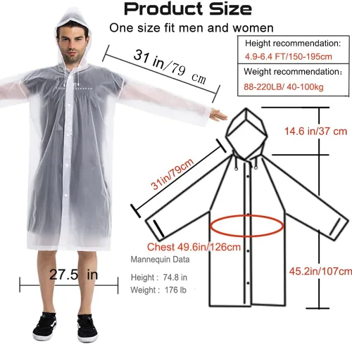 Miniatura 3 de Abrigos de lluvia (paquete de 2) – Ponchos de lluvia reutilizables de EVA para adultos, chaquetas impermeables para hombres y mujeres
