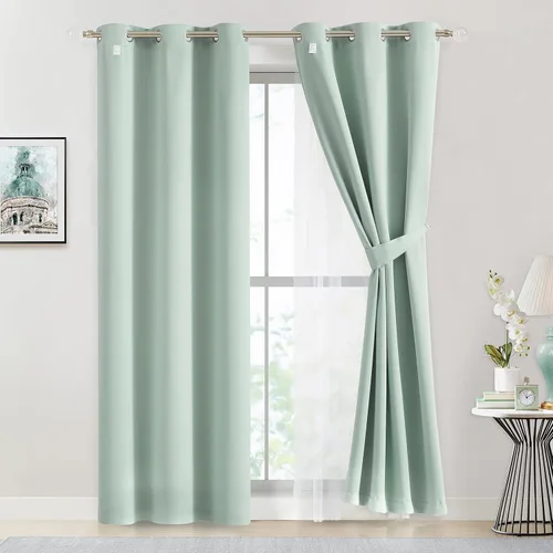 Miniatura 3 de Bujasso Cortinas de oscurecimiento 80% Aqua con superposición de gasa, paneles de ventana térmicamente aislados de doble capa, combinables, 63 huevo