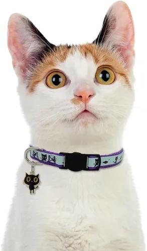 Miniatura 6 de Paquete de 2 collares para gatos que brillan en la oscuridad con campana, collares de seguridad para cachorros con colgante morado y negro