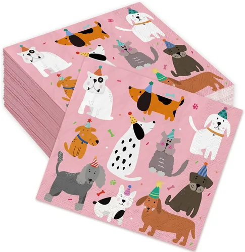 JarThenaAMCS 100 hojas de servilletas de fiesta para perros, servilletas de papel de cóctel rosadas para cachorros, servilletas desechables para