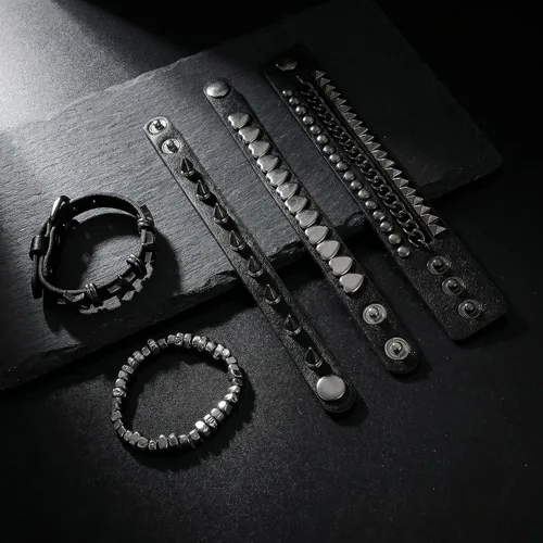 Miniatura 6 de 5 pulseras punk con tachuelas para mujeres y hombres, pulseras de remaches de metal de estilo alternativo de rock, juego de joyería hip hop
