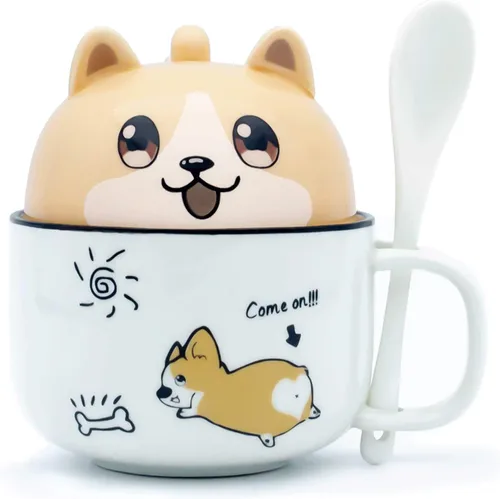 Lindas tazas de café de cerámica Corgi con tapa y cuchara, diseño de perro encantador regalo para niños y niñas (12.5 fl oz+5.4 fl oz/12.5 oz + 5.4