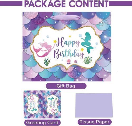 Miniatura 4 de Laidans Bolsa grande de regalo de cumpleaños de sirena de 13 pulgadas con asa, papel de seda y tarjeta para niños y niñas (13 pulgadas morado)
