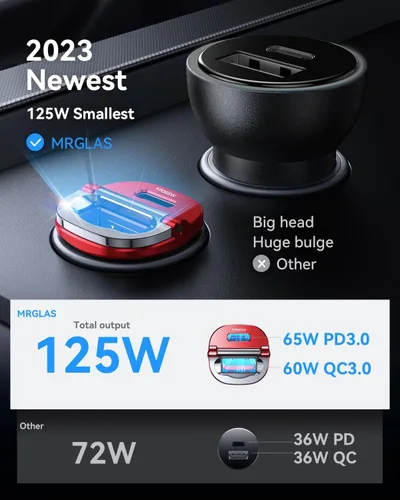 Miniatura 2 de 【Actualizado】 Cargador de coche USB C de 125 W de carga súper rápida para iPhone 16, [PD65W y QC60W] [Todo metal] Cargador de coche MRGLAS para Rojo