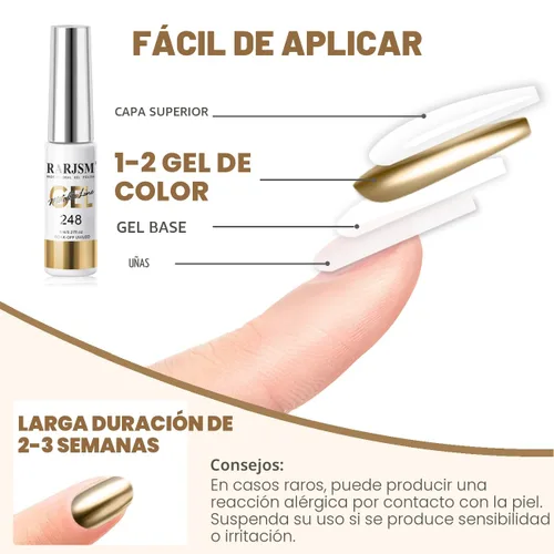 Miniatura 7 de RARJSM Esmalte de uñas en gel metálico para arte de uñas, 3D efecto espejo, gel de uñas con brillo metálico, 8 ml, pincel fino incorporado, pintura
