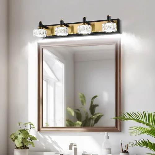 Miniatura 2 de Lámpara de baño de 3 luces sobre el espejo, luz LED regulable para tocador de baño con pantalla de cristal, lámpara de pared moderna negra y dorada