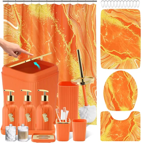 Miniatura 34 de 21PCS Bathroom Sets with Shower Curtain and Rugs Bathroom Accessories Set Beige Bathroom Set Complete with Trash Can, Toilet Brush, Qtip Holder &