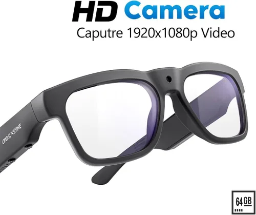 Miniatura 6 de OhO 64G - Gafas inteligentes con cámara Full HD y auriculares Bluetooth de oreja abierta, para deportes en interiores y exteriores, lentes con Negro