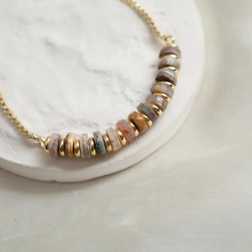 Miniatura 25 de Natural Heishi Beads With Spacers Slider Bracelet Gemstone Healing Jewelry With 14k Yellow Gold Plated 8- Inch Adjustable Length