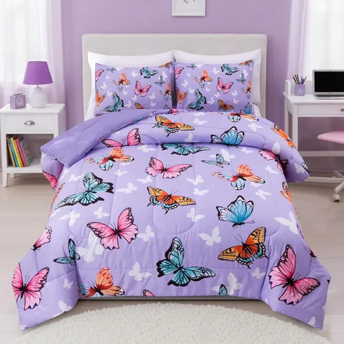 Miniatura 12 de Btargot Juego de edredón de 3 piezas con diseño de mariposas para niños, juego de cama con estampado de flores coloridas para mujeres y niñas