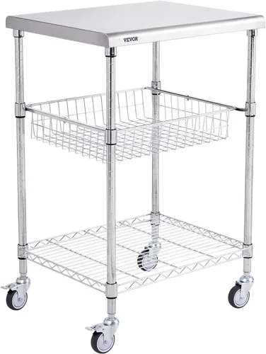 VEVOR Carrito Utilitario de Cocina, 36.6"x20"x24" Carrito Rodante de Alambre de 3 Niveles, Carrito de Servicio de Acero con Capacidad de 470LBS con