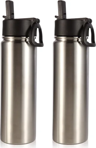 Miniatura 20 de Volhoply Botellas de agua aisladas con popote a granel, paquete de 4, botella deportiva de acero inoxidable de 22 onzas con tapa, vasos de agua