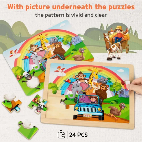Miniatura 3 de SYNARRY Rompecabezas de madera de animales grandes para niños, caja de regalo 4 en 1 (12.2 x 9.4 pulgadas), certificado FSC, rompecabezas para niños