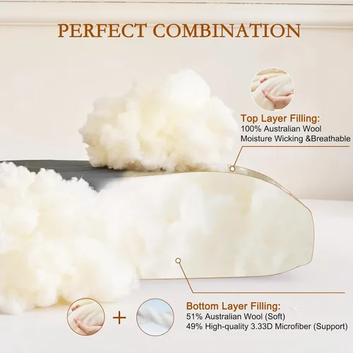 Miniatura 3 de YOUR MOON Almohada de lana suave natural tamaño estándar, almohadas de cama suaves para dormir, relleno de lana australiana de primera calidad