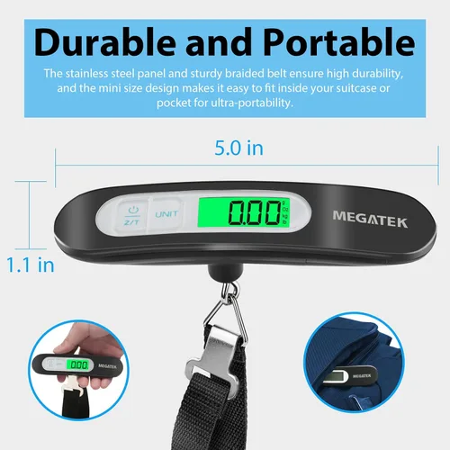 Miniatura 7 de MEGATEK Báscula digital portátil para equipaje, báscula de pesaje de maleta de viaje de mano con panel de acero inoxidable, pantalla LCD