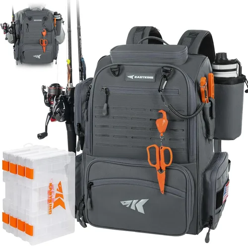 Miniatura 8 de KastKing Bait Boss Mochila de aparejos de pesca con soportes para caña, 4 cajas de aparejos, cubierta para lluvia, almacenamiento grande de 43 L B