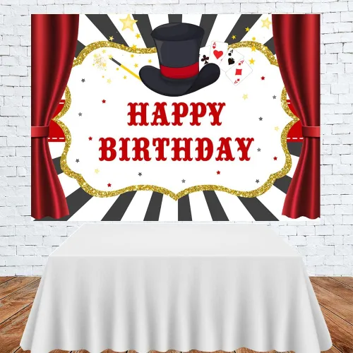 Miniatura 3 de Lofaris Telón de fondo de 7 x 5 pies con espectáculo mágico de feliz cumpleaños para niños y niñas, cortinas rojas de mago, decoración de baby
