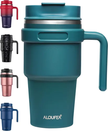 Miniatura 10 de Taza/vaso de café aislado de 20 onzas con asa, vaso de viaje de acero inoxidable con tapa y popote, vaso de doble pared con aislamiento al vacío a