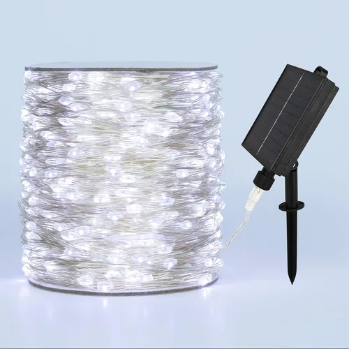 Cadena de luces solares para exteriores, 100 pies, 300 LED, luces solares de hadas impermeables, botón de 8 modos, cadena de luces solares para