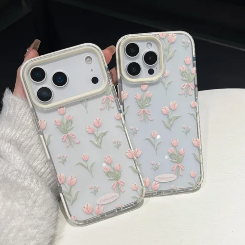 Miniatura 4 de Funda para iPhone 13, color blanco Funda para teléfono con diseño floral de tulipanes rosados para iPhone