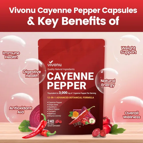 Miniatura 3 de VivoNu Suplemento de cápsulas blandas de pimienta de cayena, apoya la salud de las venas de las piernas, el corazón y los vasos sanguíneos