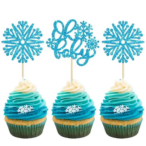 Gyufise 24 adornos de copos de nieve Oh Baby para cupcakes con purpurina azul, decoración de pastel de baby shower congelado para baby shower,