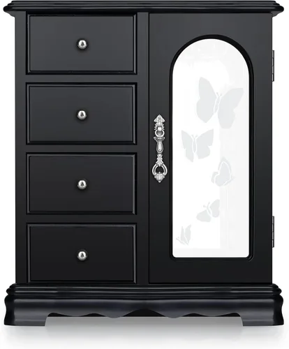 RR ROUND RICH DESIGN Joyero Hecho de madera maciza con 4 cajones organizador y carrusel de collar integrado y espejo grande negro
