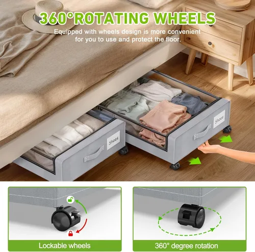 Miniatura 3 de Almacenamiento debajo de la cama con ruedas, paquete de 4 contenedores de almacenamiento debajo de la cama con tapas y cremalleras transparentes