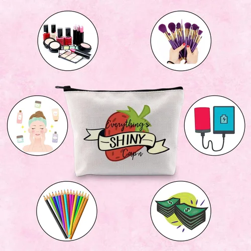 Miniatura 3 de TSOTMO Firefly Serenity Everything's Shiny Cute Strawberry Zipper Pouch Bolsa de maquillaje, Beige, Gorra brillante