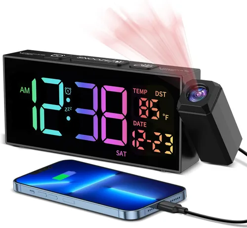 Miniatura 10 de Netzu Reloj de proyección para techo de dormitorio, despertadores con proyector giratorio de 180°, temperatura de fecha y día de la semana, DST