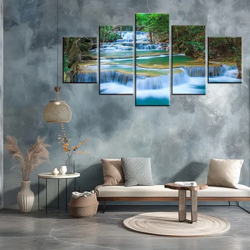 Miniatura 6 de SZ - Lienzo decorativo para pared en cascada para sala de estar, 5 piezas de impresiones de estanque relajante en bosque tropical