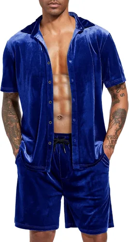 LecGee Conjuntos de Pantalones Cortos Casuales de Verano para Hombres Camisa de Terciopelo de Manga Corta con Botones Pantalones Cortos de Cintura