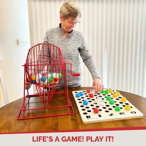 Miniatura 5 de MR CHIPS Juego de bingo profesional con jaula de bingo extra grande (19 pulgadas de alto), bolas de bingo de ping pong de una sola cara y tablero