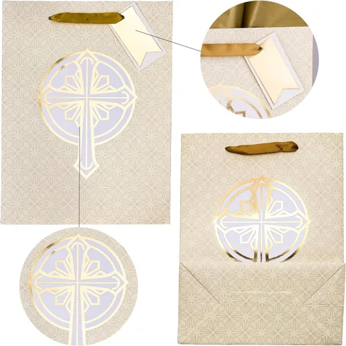 Miniatura 4 de LeZakaa Bolsa de regalo de cruz de 13 pulgadas, bolsa de regalo cristiana dorada con papel de seda, etiqueta de regalo y tarjeta para bautizos
