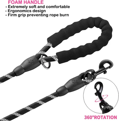 Miniatura 4 de JSXD Correa resistente de doble asa para perro, 5 pies, acolchada y reflectante, cuerda para perros pequeños a grandes (negro)