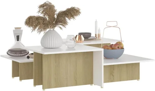 Miniatura 4 de Juego de 2 mesas auxiliares de madera de roble blanco y Sonoma, mesa auxiliar para sala de estar, hogar, oficina, 43.9 x 19.7 x 13 pulgadas