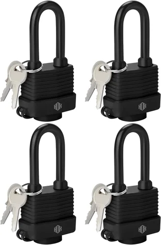 HOX Paquete de 4 candados resistentes a la intemperie, acero laminado de 1.575 pulgadas, cromado con grillete de 2 pulgadas, envuelto en vinilo,