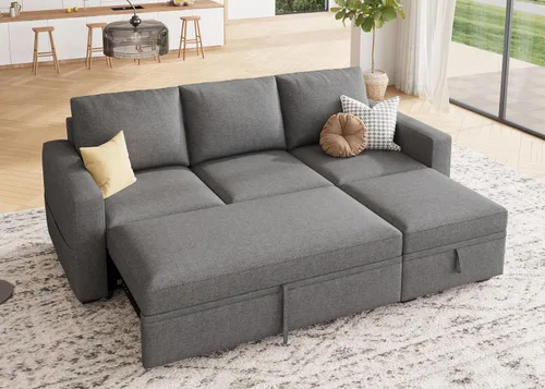 Miniatura 17 de HONBAY Sofá seccional modular con cama extraíble, sofá cama con forma de U extraíble con secciones de almacenamiento para sala de estar - Beige