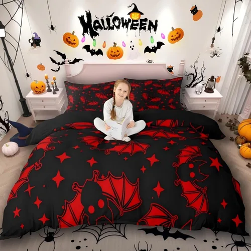Miniatura 45 de Erosebridal Juego de ropa de cama de murciélago de Halloween, tamaño individual, con purpurina y estrellas, galaxia, funda de edredón para niños
