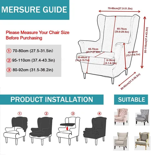 Miniatura 5 de NILUOH Funda para silla con respaldo de alas de 2 piezas, funda de silla de alas suaves elásticas de color sólido, funda de sillón sofá