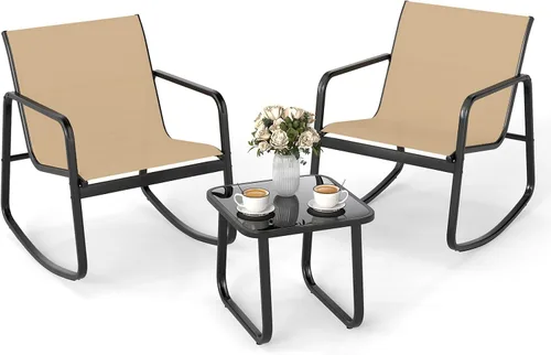 Miniatura 11 de Tangkula Juego de 3 piezas de conversación para patio, juego de silla y mesa de metal para exteriores, tela transpirable y mesa de vidrio templado