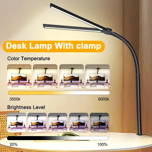 Miniatura 4 de lámpara de escritorio LED de doble cabezal para oficina - lámpara para el cuidado de los ojos con abrazadera, luz de escritorio de cuello de ganso
