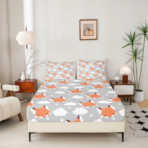 Miniatura 4 de Erosebridal Juego de ropa de cama de zorro para niños, sábana bajera ajustable de zorro de dibujos animados para niños y niñas, decoración